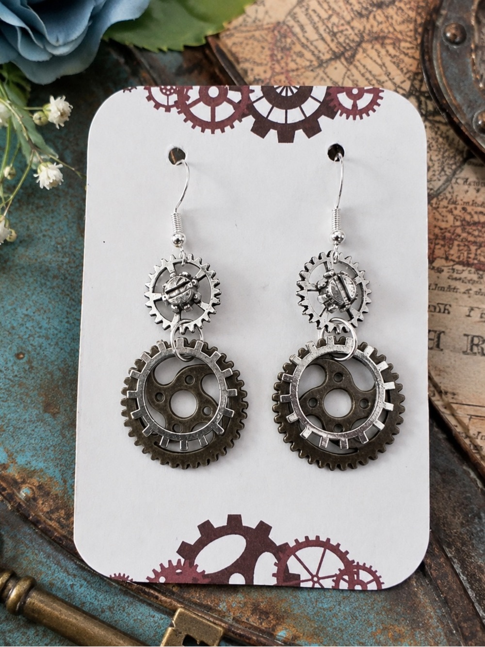 Handmade Steampunk Gear Dangle Earrings Silver Bronze 2.25” New | Version 7